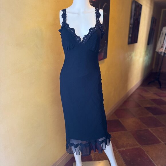 bebe Dresses & Skirts - Y2K! RARE! Vintage Bebe Black Silk Slip Dress with Lace & Rhinestone – Size S
